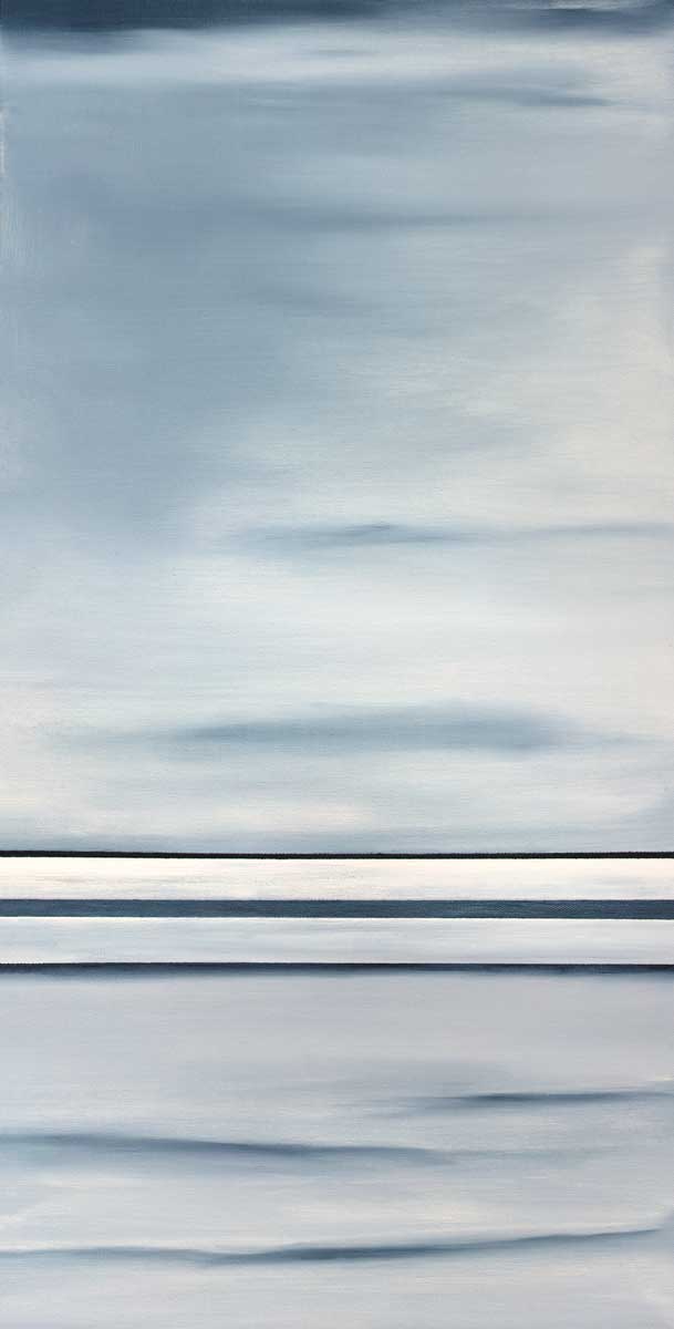 Abstract print of dark blue and white horizontal lines above and below blue and white blended color blocks.