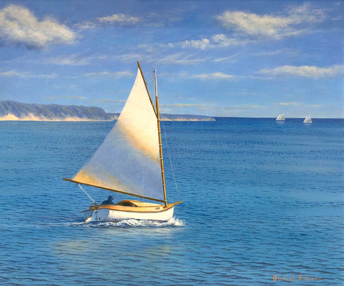 A blue, beige and white realist seascape print with a sailboat by Daniel Pollera.