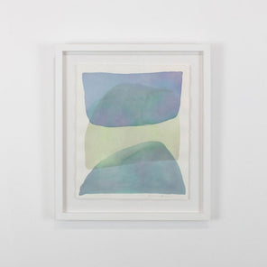 A watercolor of blue, green and dark turquoise forms overlapping is hung on a gallery wall. Wired and ready to hang.