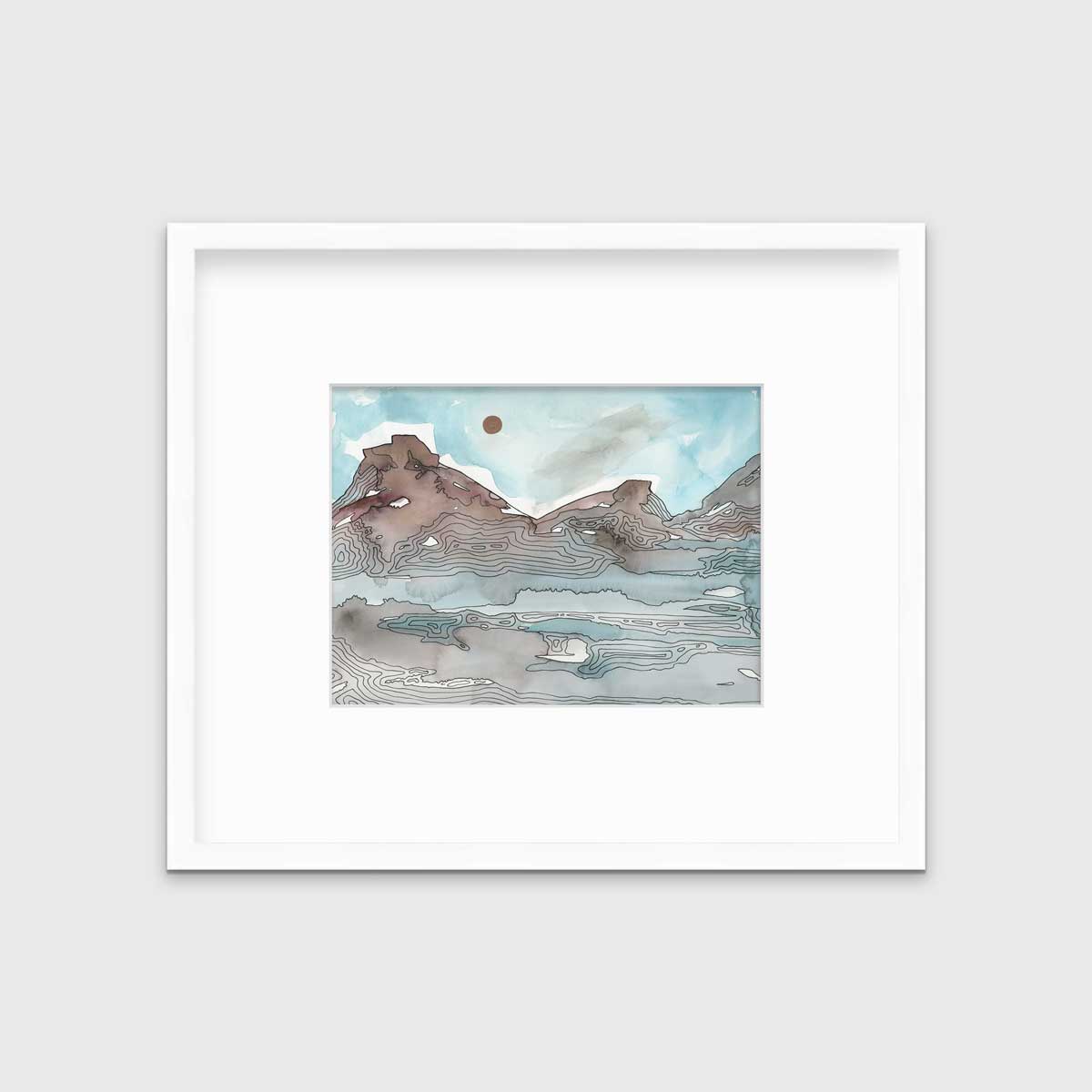 A light blue, brown and black abstract landscape illustration print in a white frame with a mat hangs on a white wall.