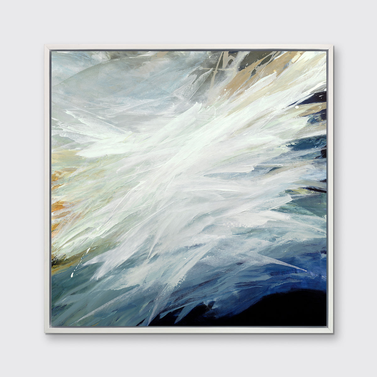 A blue, teal, beige and white abstract print in a white floater frame hangs on a white wall.