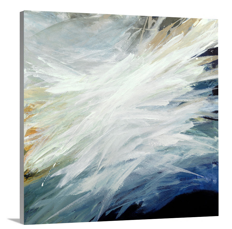 A side-angle view of a blue, teal, beige and white abstract print on canvas.