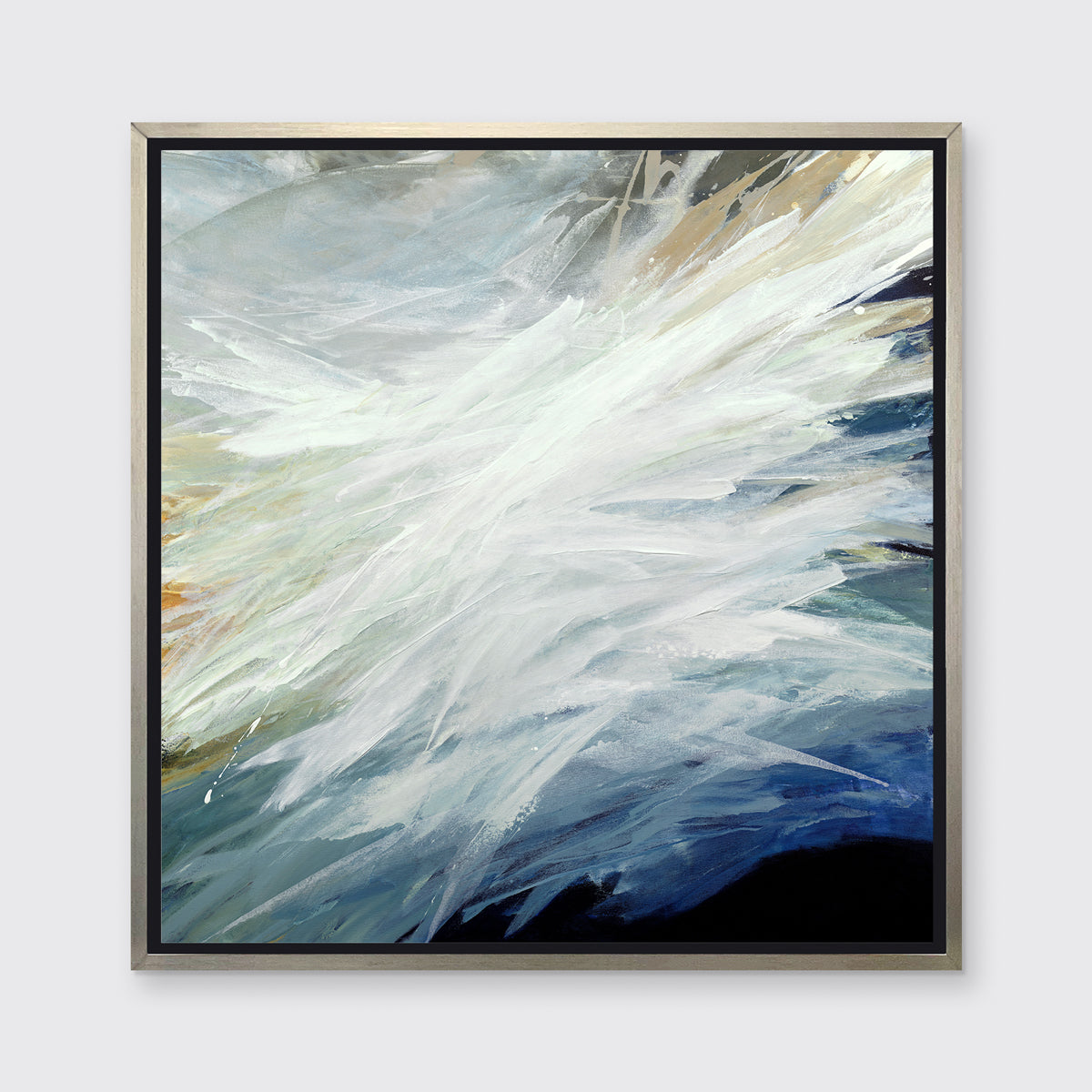 A blue, teal, beige and white abstract print in a silver floater frame hangs on a white wall.
