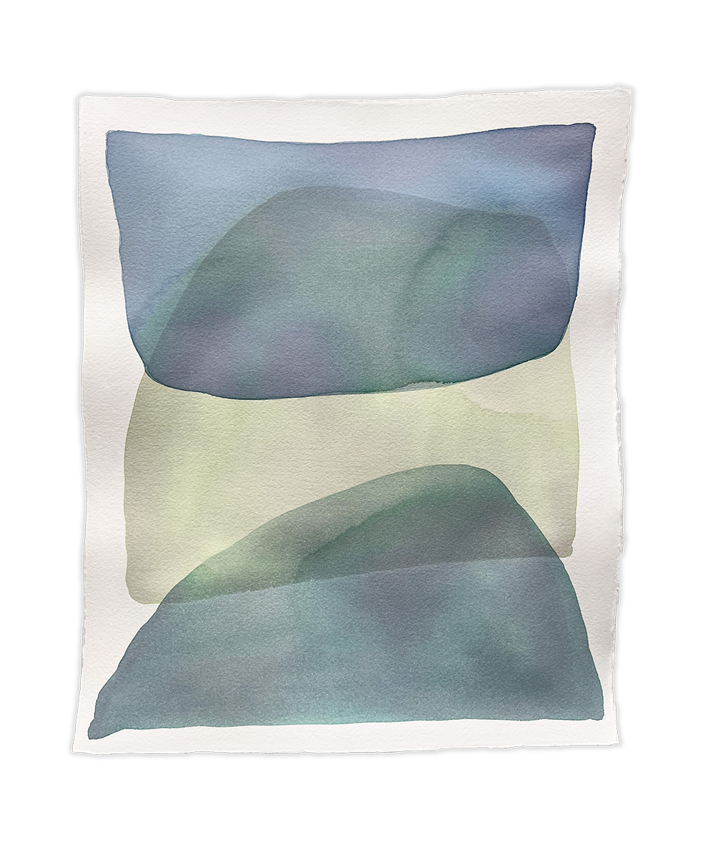 A watercolor of blue, green and dark turquoise forms overlapping. Wired and ready to hang.