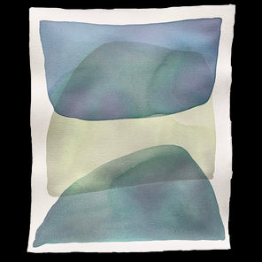 A watercolor of blue, green and dark turquoise forms overlapping. Wired and ready to hang.