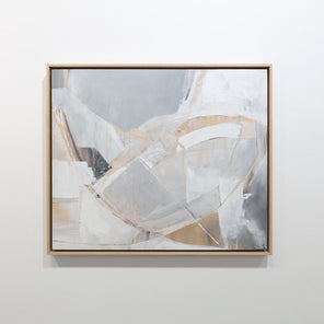 An abstract painting with white, orange and grey patches is hung on a gallery wall. Wired and ready to hang.