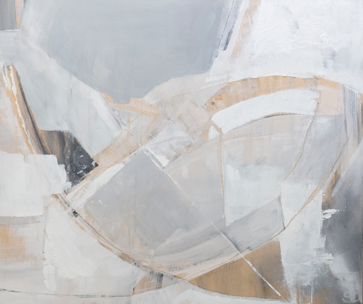 An abstract painting with white, orange and grey patches. Wired and ready to hang.
