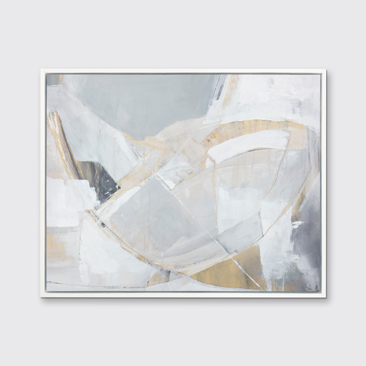 A light grey, beige and white abstract print in a white floater frame hangs on a white wall.