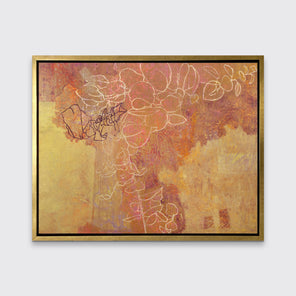A gold, purple and white abstract print in a gold floater frame hangs on a white wall.