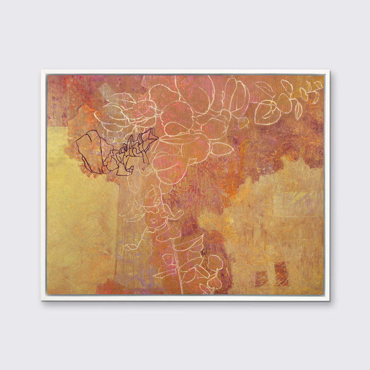 A gold, purple and white abstract print in a white floater frame hangs on a white wall.