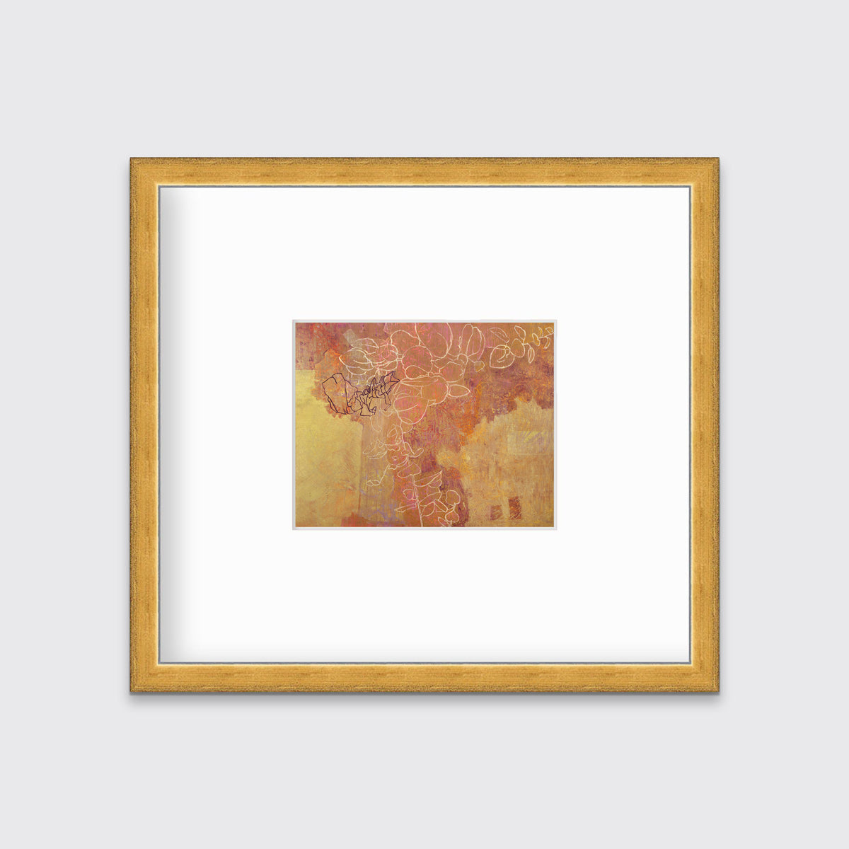 A gold, purple and white abstract print in a gold frame with a mat hangs on a white wall.