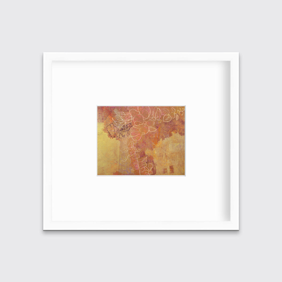 A gold, purple and white abstract print in a white frame with a mat hangs on a white wall.