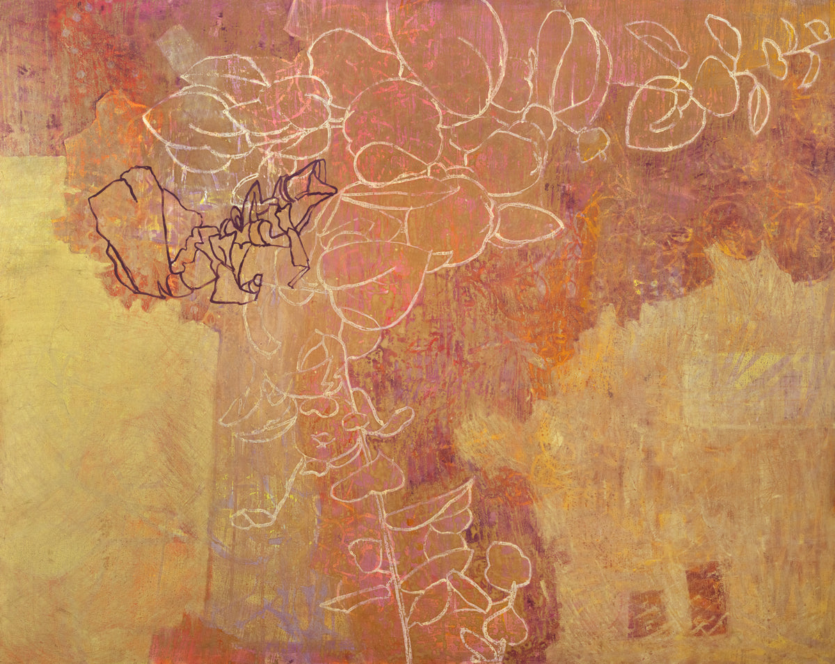 A gold, purple and white abstract print with orange and pink accents by Christine Averill-Green.