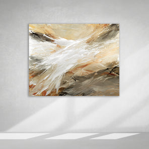 An orange, white, and brown abstract painting by Teodora Guererra hangs on a white wall.