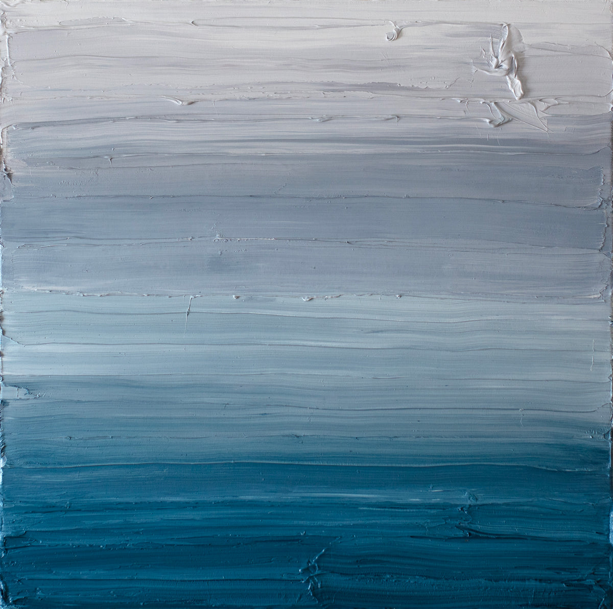 A white, light grey and tonal blues abstract painting by Teodora Guererra.