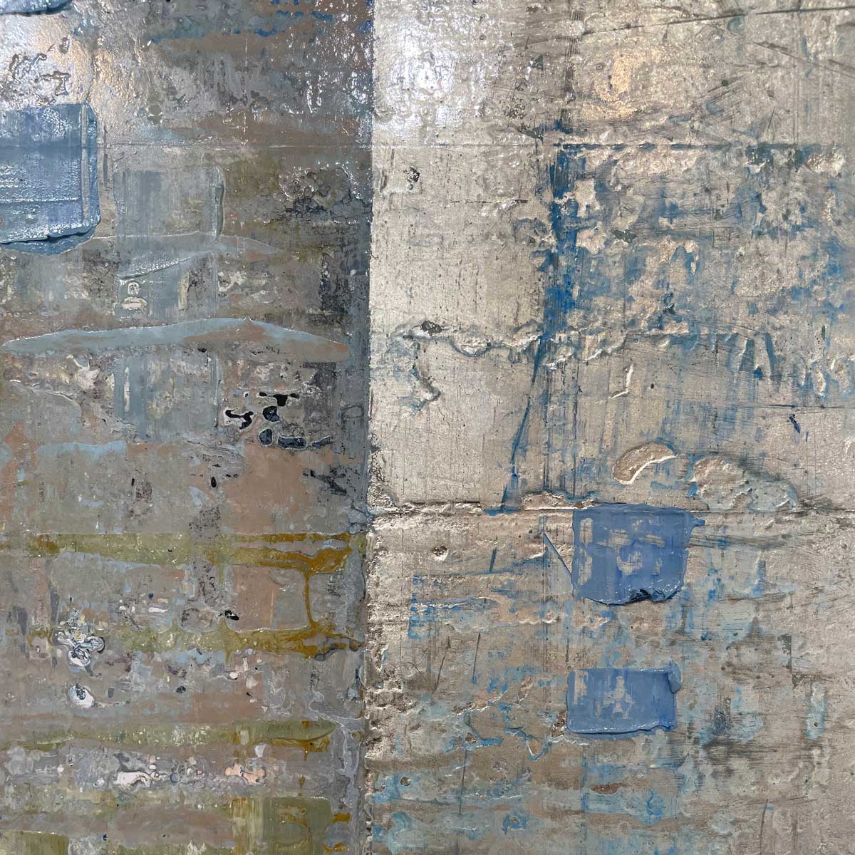 A close up detail image of the silver leaf from an abstract painting by Ned Martin. 