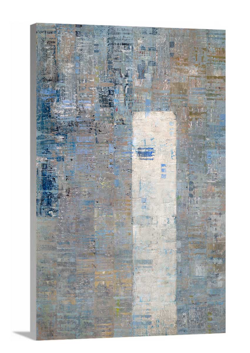 A side-angle view of a blue and grey abstract geometric print by Ned Martin on canvas.