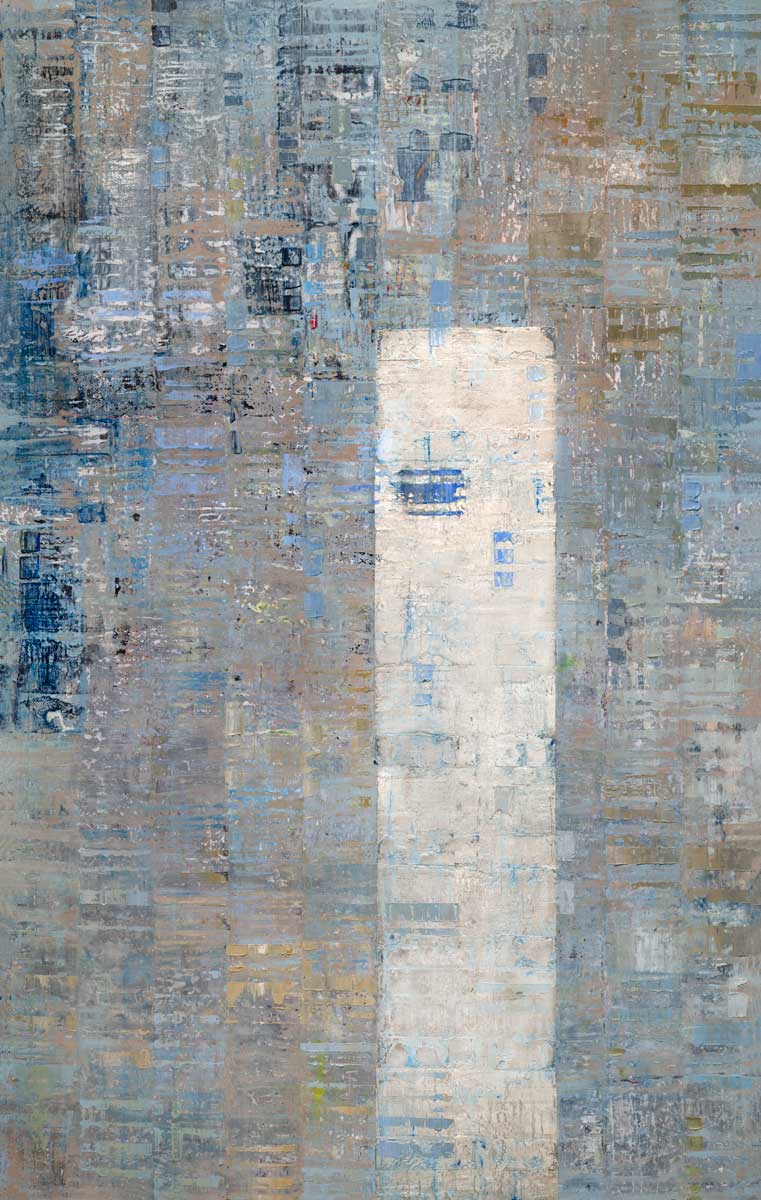 A blue and grey abstract painting with a silver leaf detail.