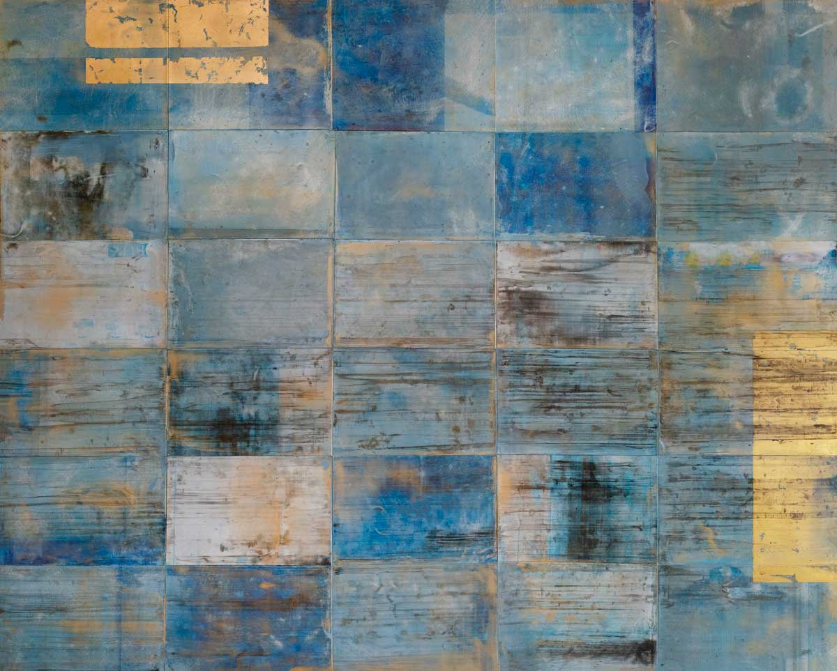 A blue and gold geometric abstract print by Ned Martin.