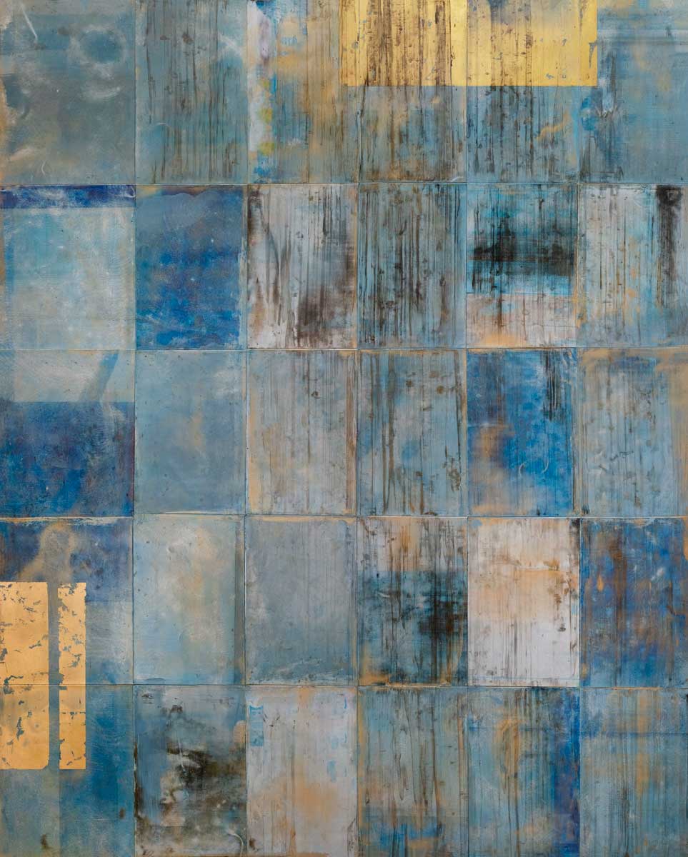 A blue, light blue and gold geometric abstract painting by Ned Martin.