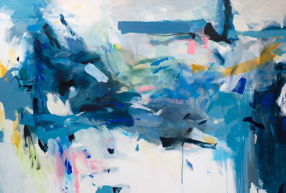 A blue and white abstract print with pink and yellow accents  by Kelly Rossetti.