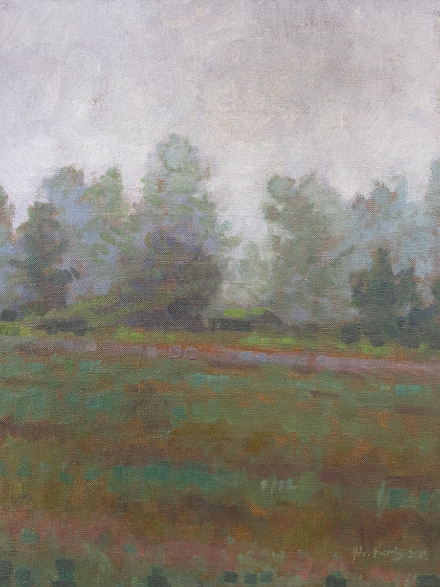 A grey and muted green abstract landscape print by John Harris.