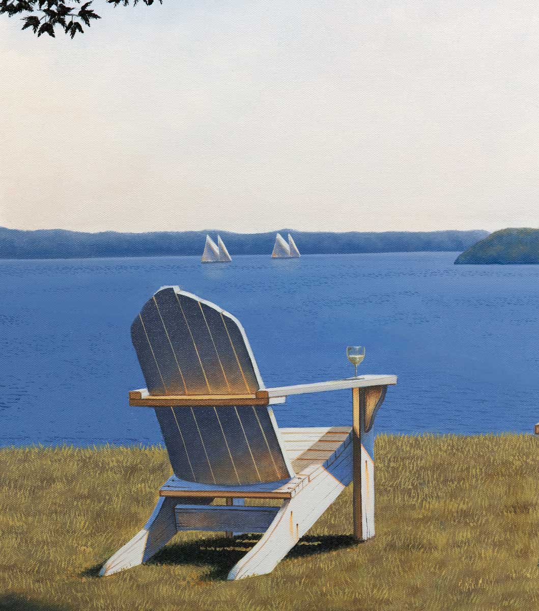 "Afternoon Seating" detail image of one of the chairs. On the armrest of the chair is a glass of white wine.
