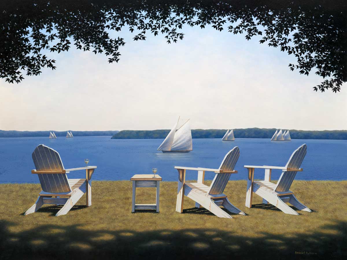 Contemporary realist lakescape painting of three white wooden lawn chairs on the edge of a lake soaking up the midday sun. The three chairs are facing out to the quite lake were there are multiple boats out sailing. Off in the distance you can see the tree line on the other side of the lake.