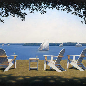 Contemporary realist lakescape painting of three white wooden lawn chairs on the edge of a lake soaking up the midday sun. The three chairs are facing out to the quite lake were there are multiple boats out sailing. Off in the distance you can see the tree line on the other side of the lake.