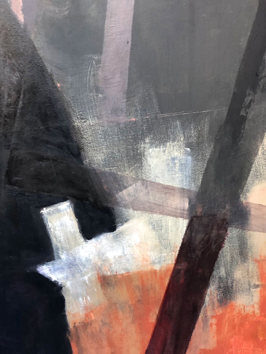 Detailed section of a painting showing black, white and red-orange colors converging.