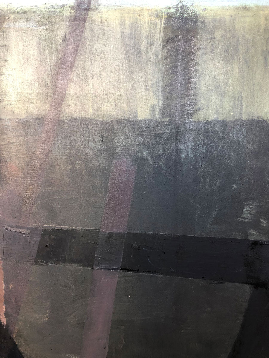 Detail of a painting showing texture and color blocks of black, dark purple, and gold.