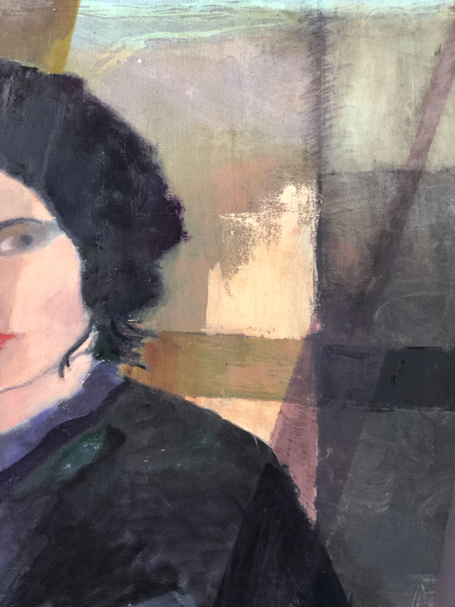 Detailed section of painting shows a close up of half of the woman's face, part of her black hat and robe along with bands of dark purple and gold behind her.