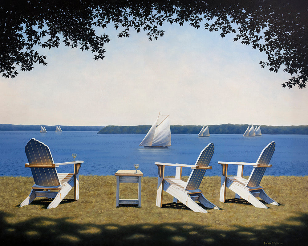 A lake-side landscape painting of three white wooden lawn chairs on the edge of a lake soaking up the midday sun. The three chairs are facing out to the quite lake were there are multiple boats out sailing. Off in the distance you can see the tree line on the other side of the lake.