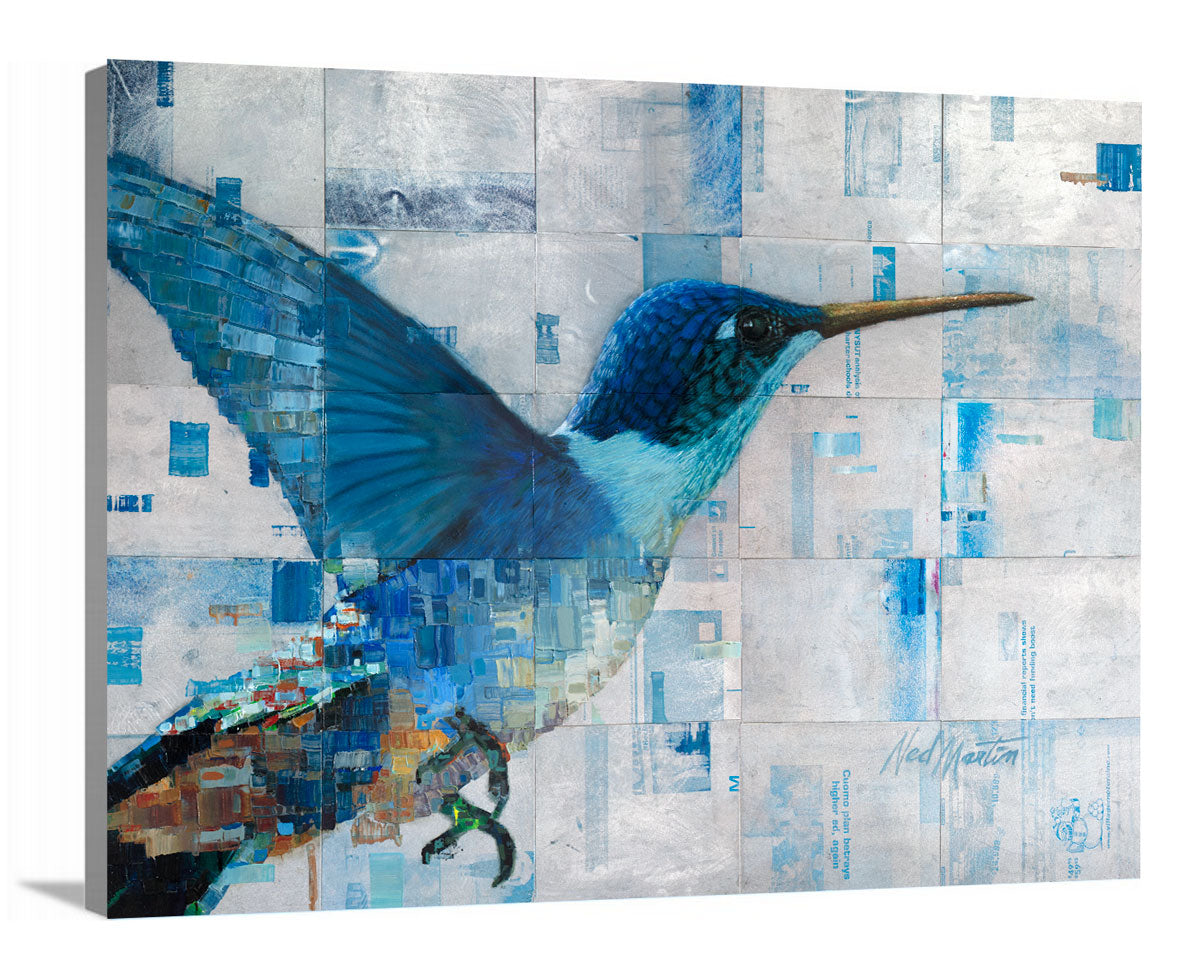 A side-view of a blue abstract hummingbird print on canvas.