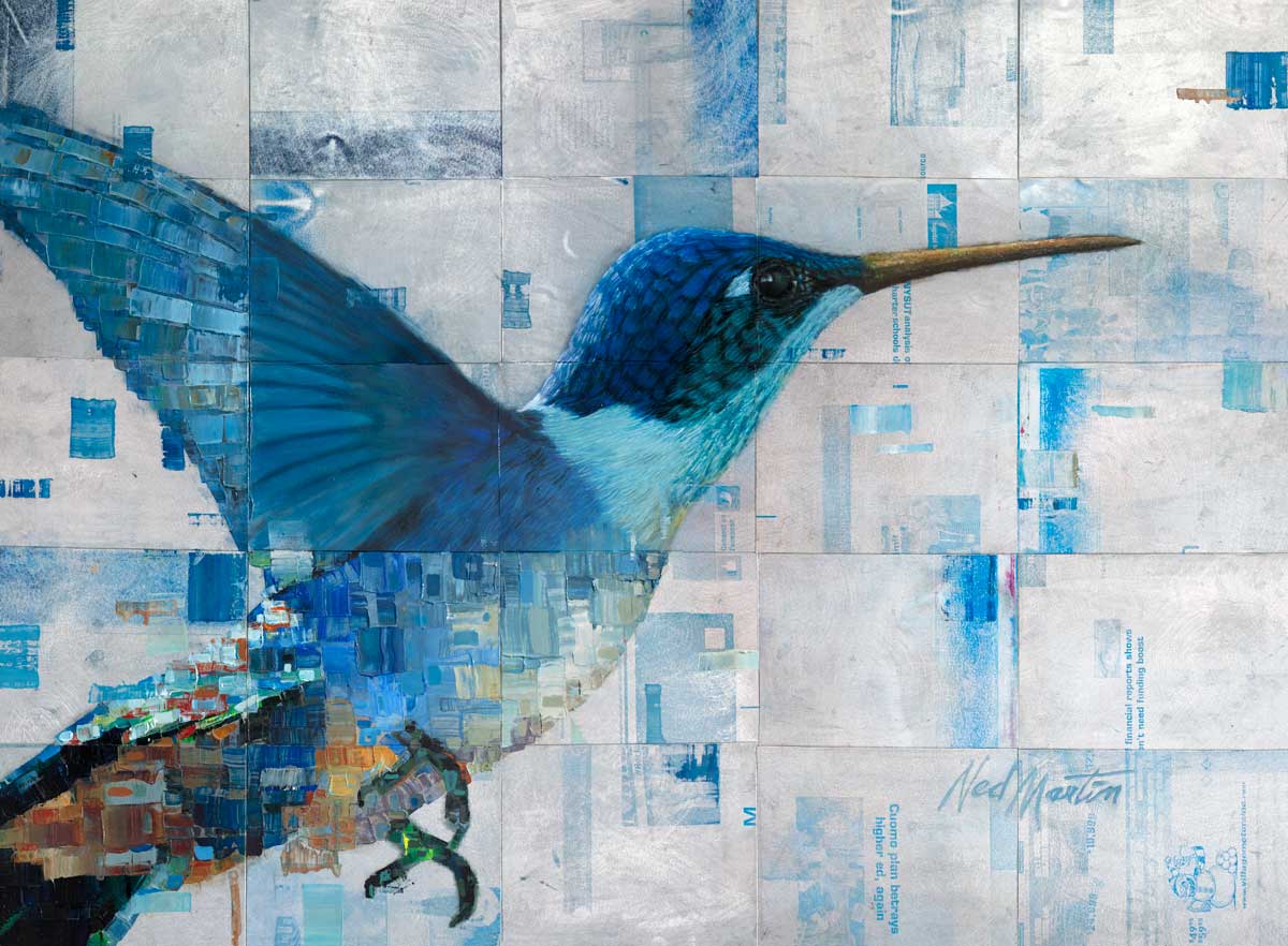 A blue abstract hummingbird with a white and blue geometric background.