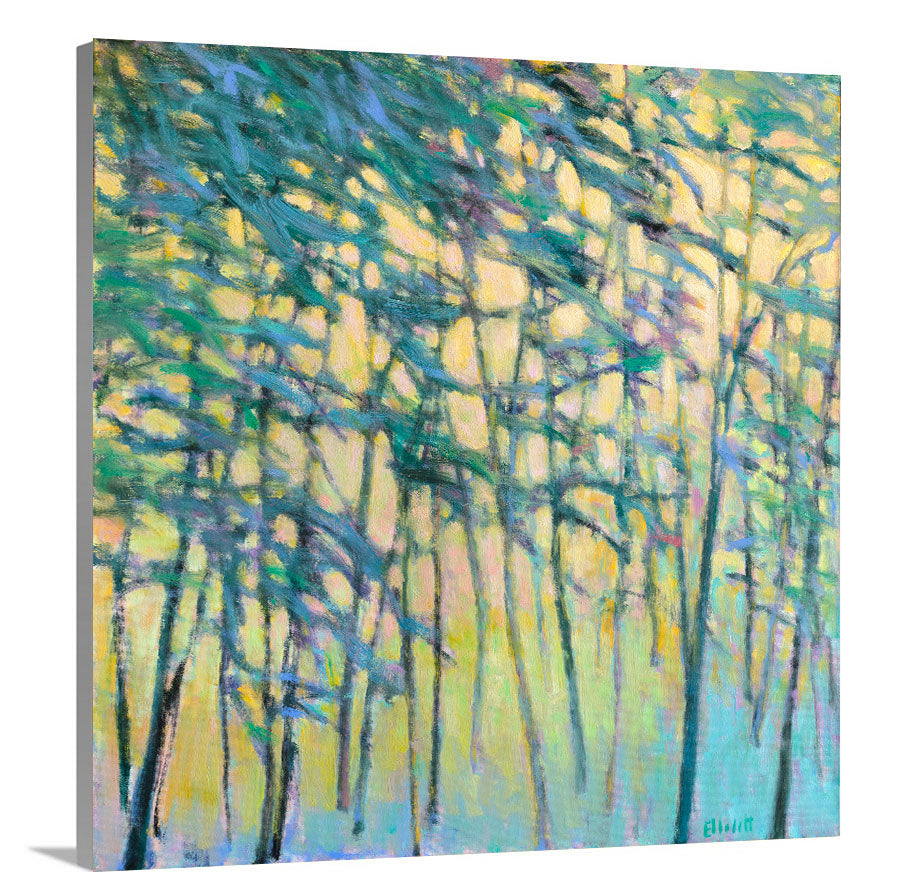 A side-angle view of a yellow and green abstract tree landscape print by Ken Elliott on canvas.