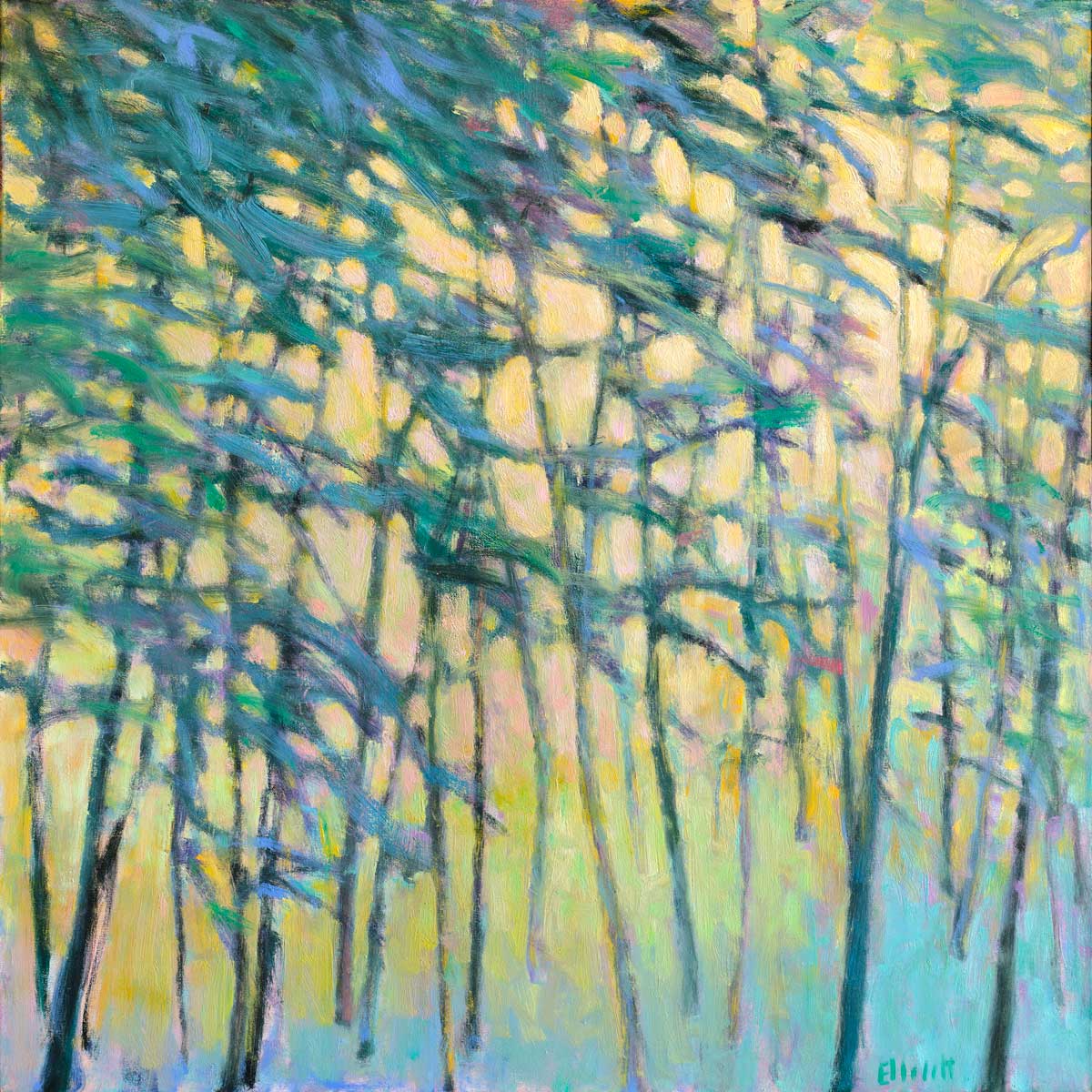 A yellow and green abstract tree landscape print with blue and pink accents by Ken Elliott.