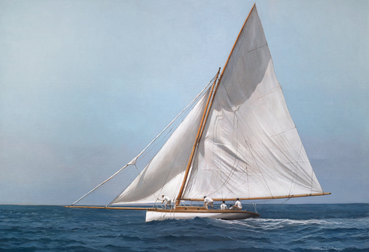 A blue, white and tan contemporary seascape print with a sailboat by Michel Brosseau.