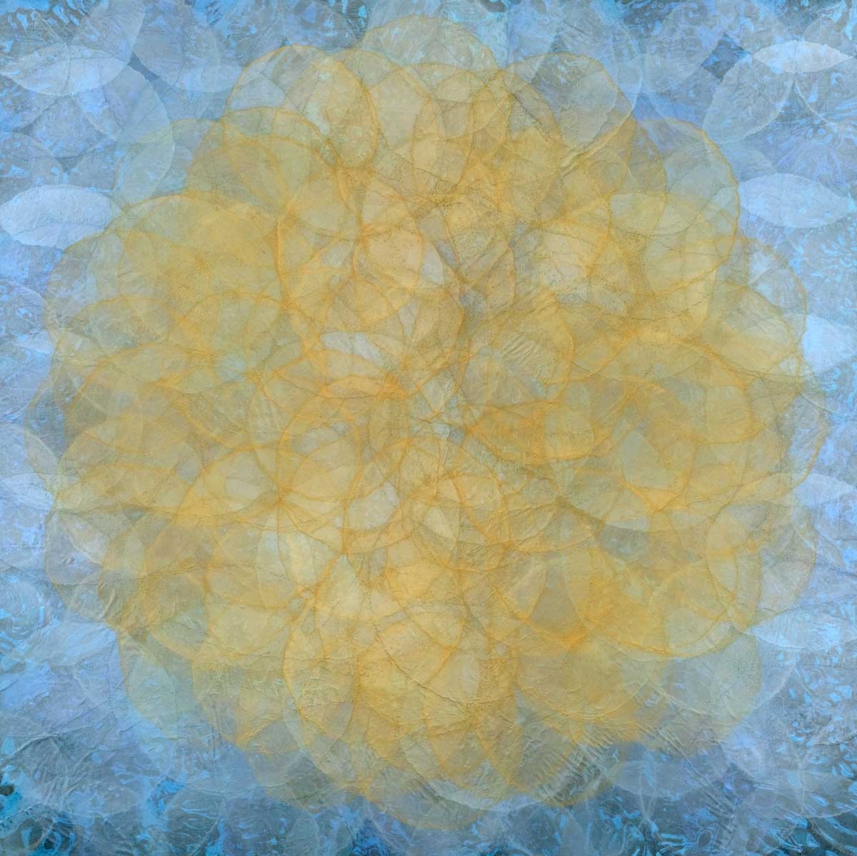 A blue, golden yellow and white abstract geometric print by Roger Mudre.