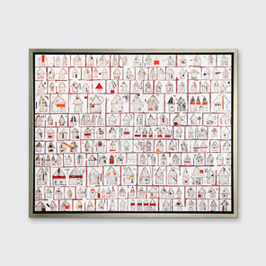 A red and white abstract house print in a silver floater frame hangs on a white wall.