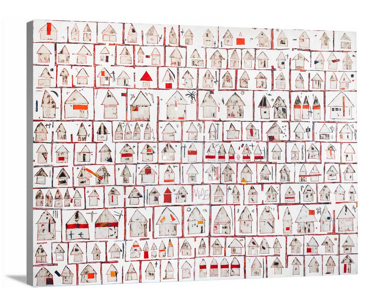 A side-angle view of a red and white abstract house print on canvas.