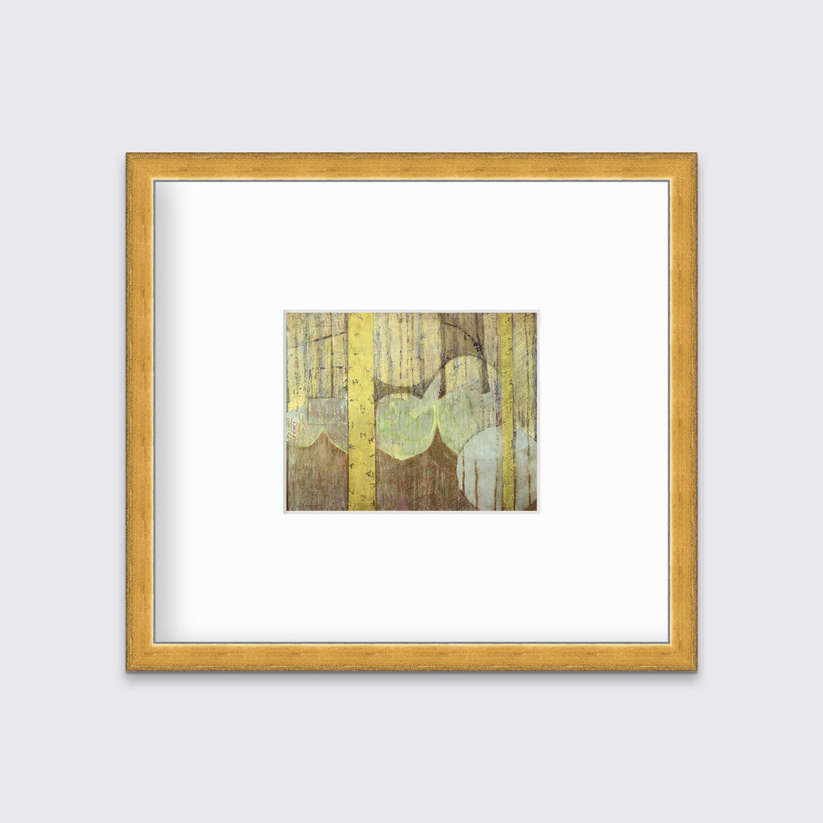 A gold, yellow, light green and light blue abstract in a gold frame with a mat hangs on a white wall.