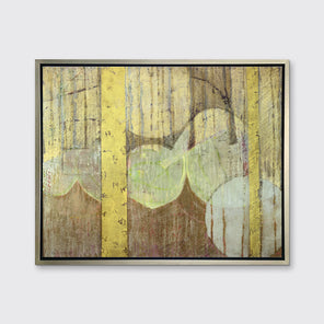 A gold, yellow, light green and light blue abstract print in a silver floater frame hangs on a white wall.