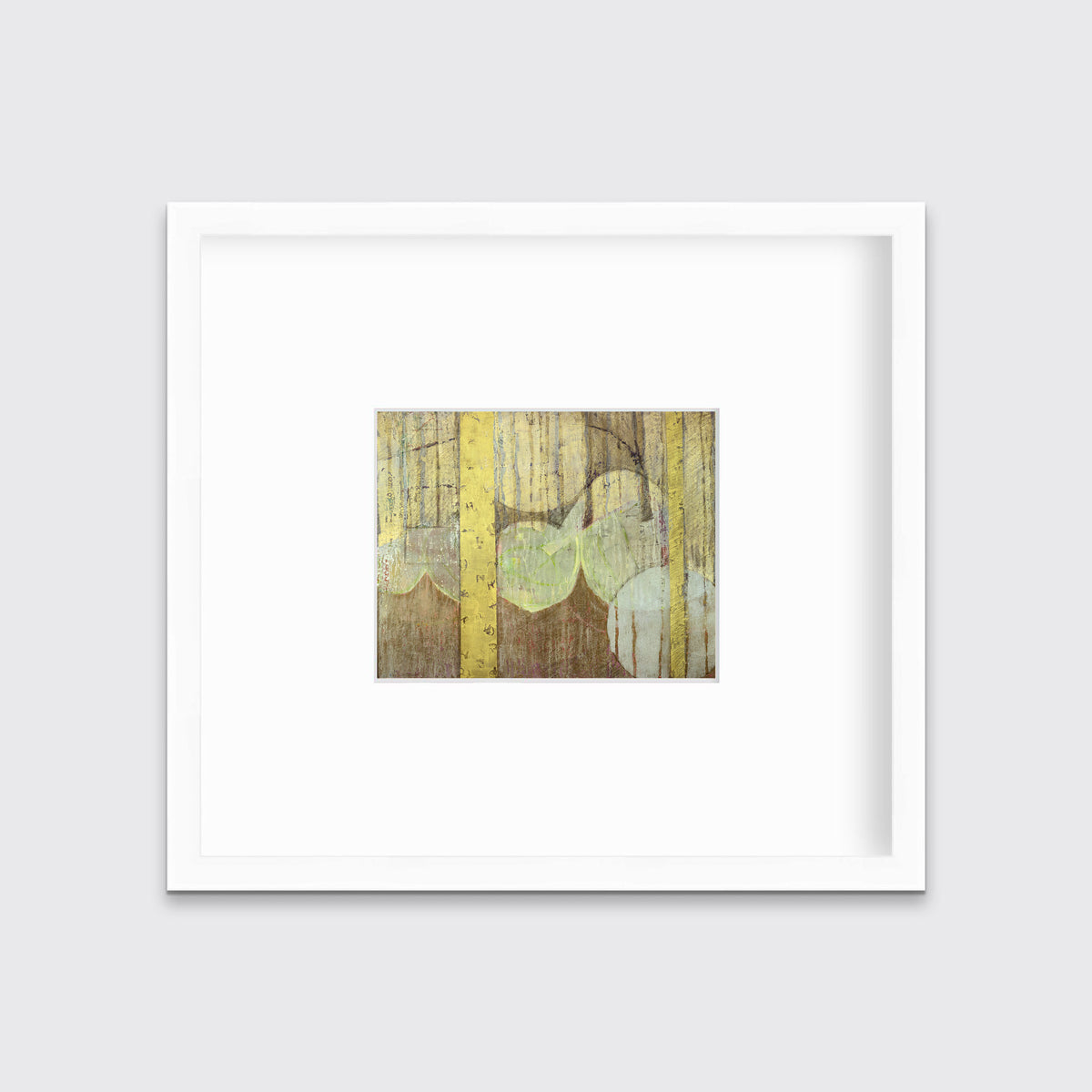 A gold, yellow, light green and light blue abstract in a white frame with a mat hangs on a white wall.