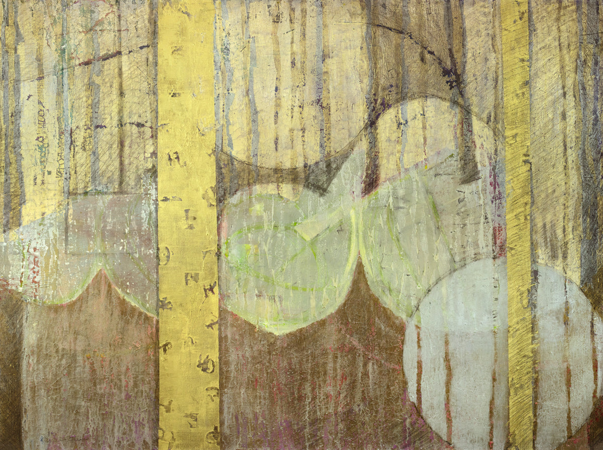 A gold, yellow, light green and light blue abstract print by Christine Averill-Green.