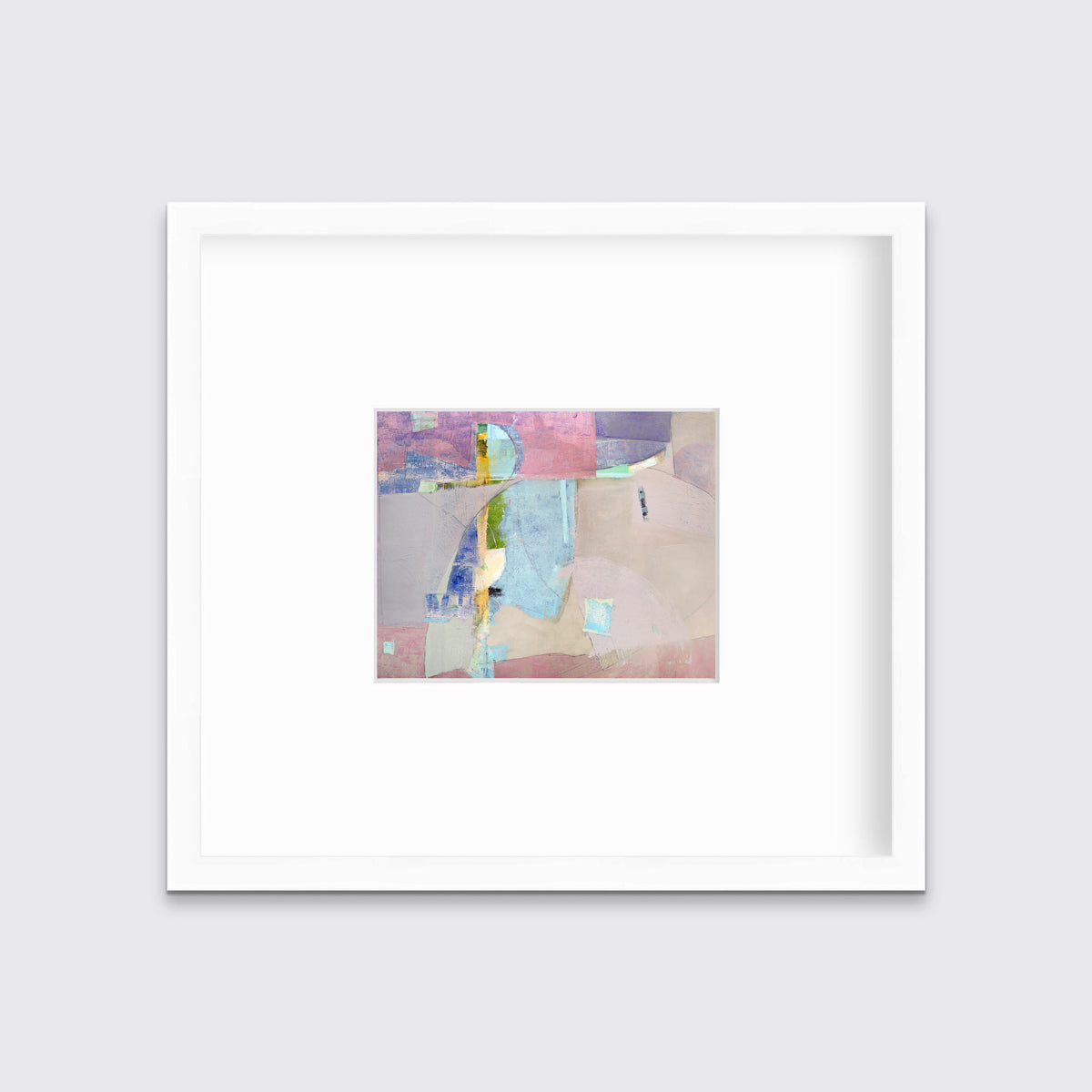 A pink, light blue, green and purple abstract print in a white frame with a mat hangs on a white wall.
