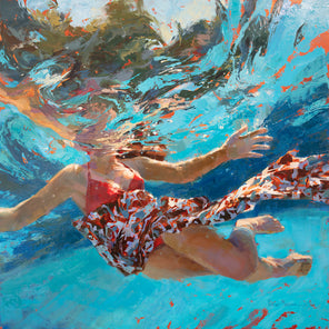 A figurative painting of a girl in a pool with underwater distortion.