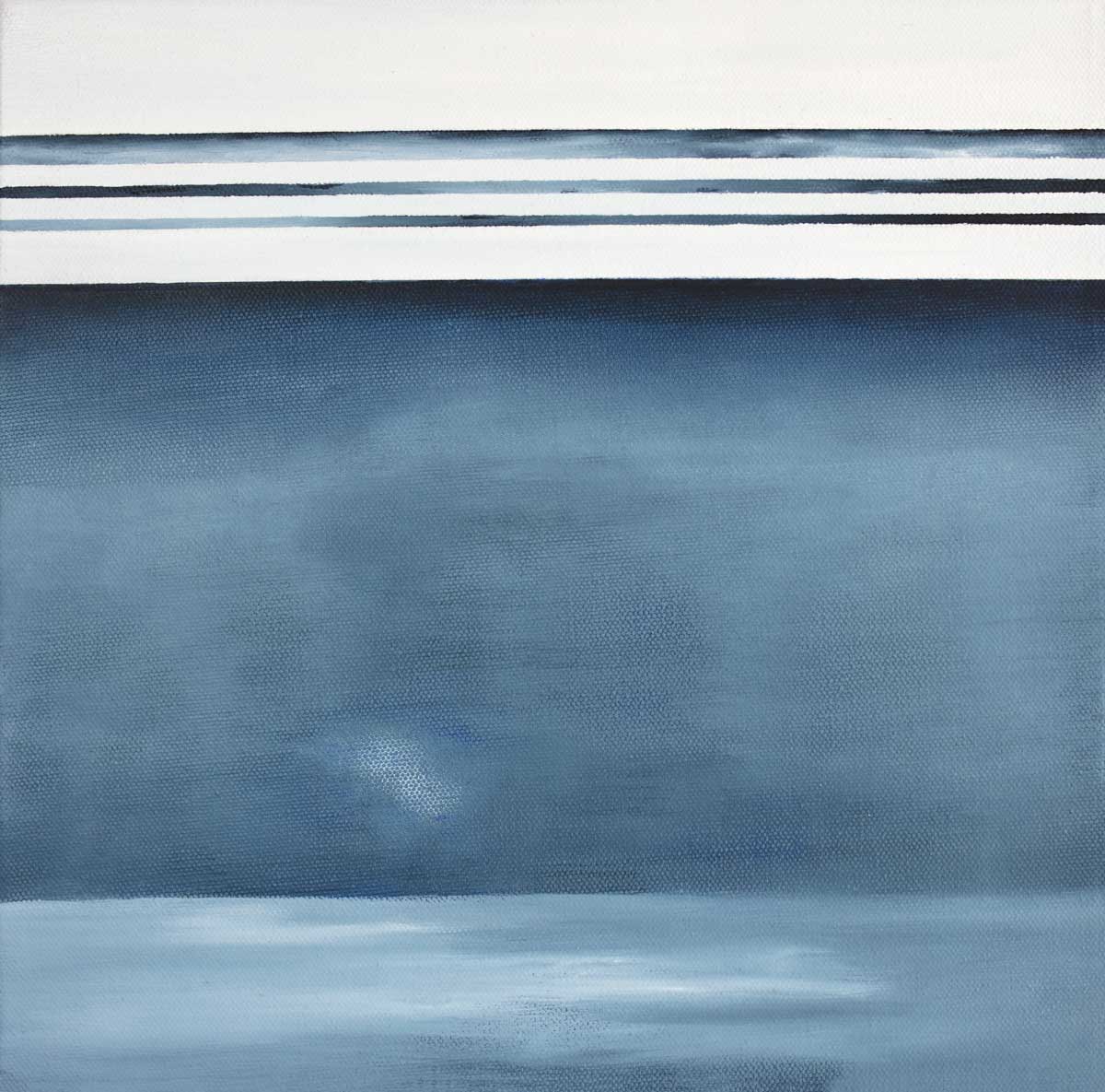 Abstract painting of blue and white parallel horizontal lines above a blue blended color block.