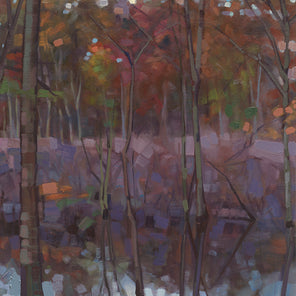 A muted multicolored abstract landscape painting by John Harris.