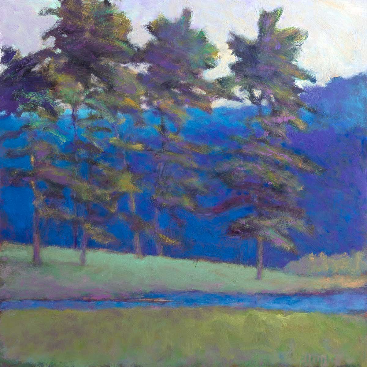 A print of blue mountain range and white cloudy sky fills the background, while green and purple trees, green grass and a blue river fill the foreground.
